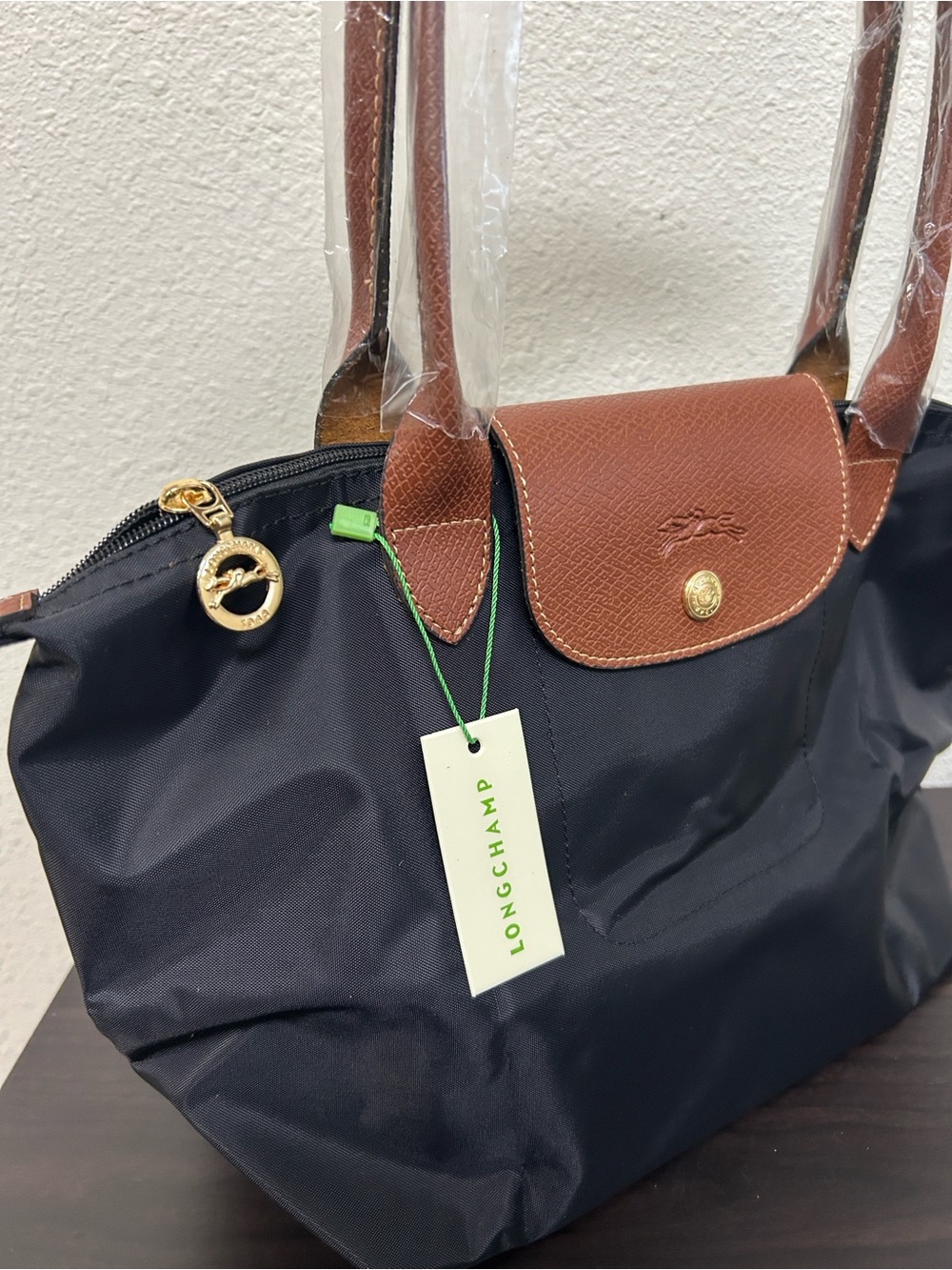 Longchamp Navy with Brown Leather Le Pliage Small Tote - Picture 2 of 6